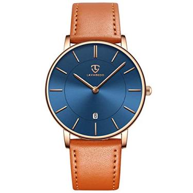 Imagem de BEN NEVIS Relógio masculino, relógio de pulso minimalista, moderno, simples, analógico, data, com pulseira de couro, 07 - Laranja, azul, ouro, Minimalista