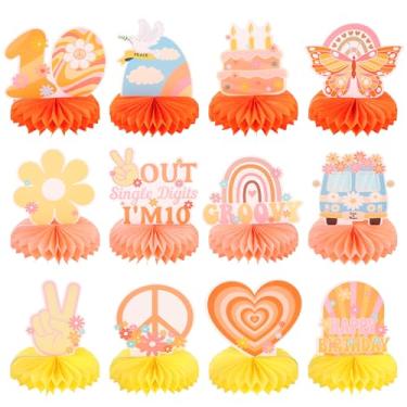 Imagem de 12 peças de centro de mesa hippie hippie de 10 anos de mesa retrô boho decoração de festa arco-íris margarida borboleta paz decoração de mesa para adolescentes hippie festa de carnaval centros de mesa