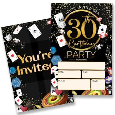 Imagem de QZJ Convites para festa de aniversário de 30 anos com envelopes, conjunto de 20 convites de aniversário de cassino para mulheres e homens, preencher em branco, dupla face