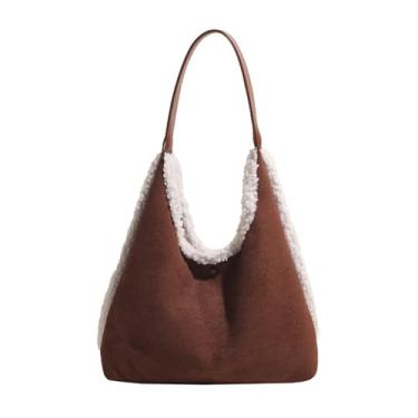 Imagem de CORIOS Bolsa de ombro feminina de camurça com lã de cordeiro vintage macia com alça superior de pelúcia grande capacidade, Café, Large
