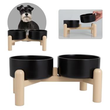 Imagem de Conjunto de tigelas de cerâmica elevada para cães – Conjunto de tigelas elevadas para ração e água – Tigelas duplas para cães com suporte antiderrapante – Conjunto de 2 pratos para cães – Tigelas para