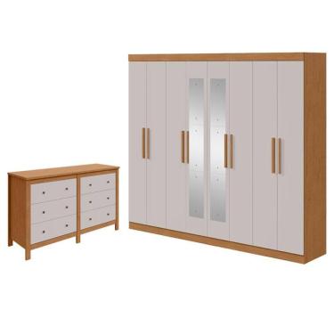 Imagem de Guarda Roupa Casal Andara Soft com Espelho e Cômoda Horizontal Maggiore Amêndoa Clean Off White – Lopas