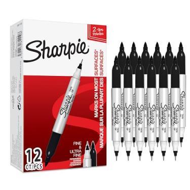 Imagem de Sharpie Marcadores permanentes de ponta dupla | Pontas finas e ultrafinas | Preto | 12 unidades