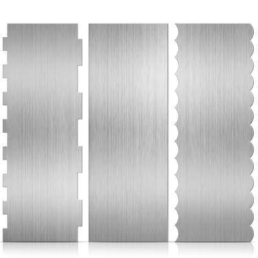 Imagem de Raspador de bolo inoxidável Steal, 3 peças de 21,8 cm com borda dupla face com padrão listrado e borda lisa, pente de decoração de bolos, cortador de massa para decoração de creme de manteiga de