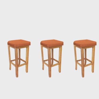 Imagem de Kit 03 Banqueta Alta Ben Gourmet Balcão Bistrô Cozinha Base Madeira Maciça Sintético Laranja - Ahz Móveis