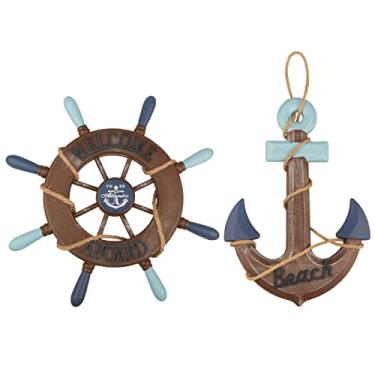 Imagem de Pacote com 2 rodas náuticas de 33 cm para navio de madeira e âncora de madeira de 33 cm com corda barco náutico volante leme âncora decoração de parede enfeite para pendurar porta tema de praia