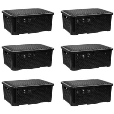 Imagem de Kit 06 Caixa Organizadora Rattan 10 Litros Empilhavel com tampa jogo Plástico.33cm×24.5cm×12.5cm.organizadores；caixas organizadoras plastico(PRETO)