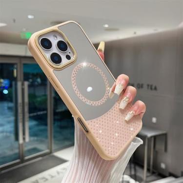 Imagem de Glitter Diamond Make Up Mirror Magnetic Phone Case para iPhone 15 14 11 12 13 16 Pro Max Plus Capa de carregamento sem fio, rosa areia, para iPhone 12