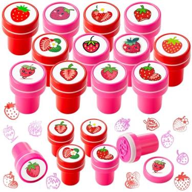 Imagem de MotiMind 12 peças de lembrancinhas de festa de morango para festa de primeiro aniversário, mini carimbos de morango para crianças com 12 designs de recompensas de presente para material escolar