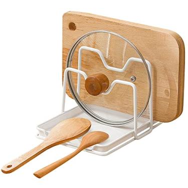 Imagem de Poeland Suporte de tampa de panela, organizador de tampa de pote de 2 camadas multifuncional e suporte de descanso de colher com bandeja de gotejamento para tampas de panelas, espátulas, colheres, tábuas de corte