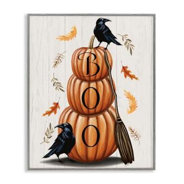 Imagem de Stupell Industries Arte giclée emoldurada cinza Boo Crows & Pumpkins, design por Elizabeth Tyndall, 11 x 14