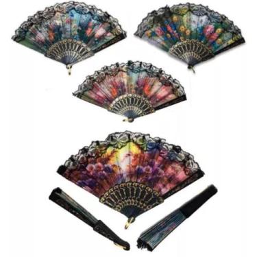 Imagem de Kit 20 Leques de plástico preto com desenhos florais BBB - Home Goods