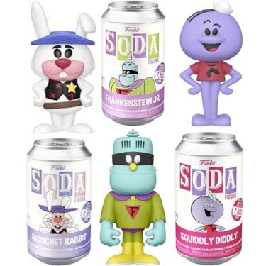 Imagem de Boneco Toon Peter roxo combinado com Frankenstein Jr. refrigerante Impossibles + Potamus Hipopótamo Hanna-Barbera + Alienígena, cartões retrô de desenho animado 3 itens