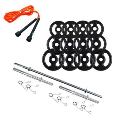 Imagem de Kit Anilhas Ferro 40Kg + Barras Com Presilhas + Corda - SEPO