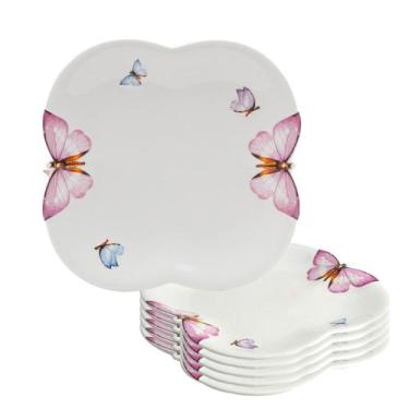 Imagem de Jogo 6 Prato de Sobremesa Borboletas 19cm Porcelana Branco Wolff