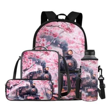 Imagem de Gomyblomy Mochila para meninas escolares com lancheira, conjunto 4 em 1, bolsa escolar infantil Kawaii para jardim de infância, Trem a vapor flor de cerejeira, Clássico