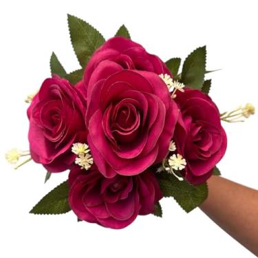 Imagem de Buquê de Rosas Colombianas Com Mosquitinhos Folhagens Artificial (Fúcsia)