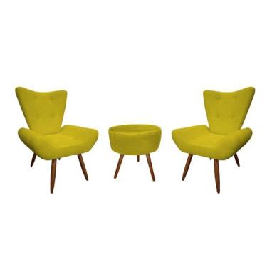 Imagem de Kit 2 Poltronas Decorativa Emilia + Puff Redondo Suede Amarelo Pés Mad