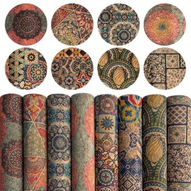 Imagem de Pacote com 8 folhas coloridas de tecido de cortiça - 20 x 30 cm, textura natural macia, couro sintético de cortiça real para artesanato DIY, chaveiros, joias e carteiras (étnica)