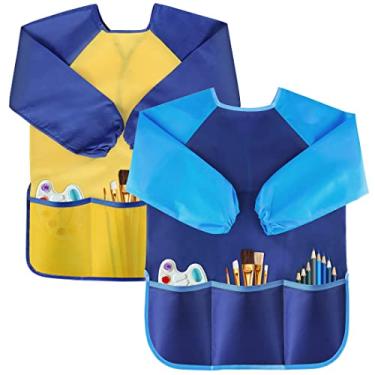 Imagem de VCOSTORE Avental de pintura impermeável para crianças com 2 peças, manga comprida e 3 bolsos para crianças a partir de 2 3 3 4 5 6 anos de idade, pintura, assar, amamentar (amarelo + bolha)