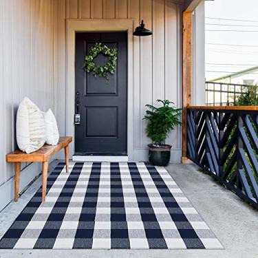Imagem de MUBIN Tapete xadrez de búfalo de algodão, 1,2 m x 1,8 m, azul marinho e branco, tapete decorativo para porta da frente, tapete dobrável tecido à mão para tapetes de porta em camadas, tapete lavável