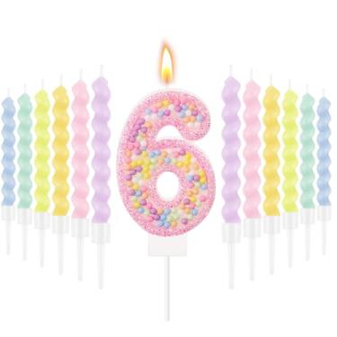 Imagem de MTLEE Vela de aniversário número 6 com 12 peças de velas espirais para meninas, macaron, pastel, arco-íris, unicórnio, rosa, topo de bolo para decoração de festa temática doce
