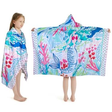 Imagem de Toalha de banho com capuz para meninas, grande 127 cm C x 76 cm L para crianças de 3 a 12 anos, tema sereia - 1 pacote