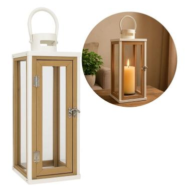 Imagem de Lanterna Decorativa Metal Branco Prime e Madeira com Vidro 38cm x 13cm