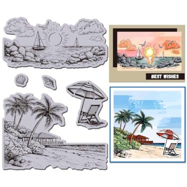 Imagem de GLOBLELAND Carimbo de borracha aderente para cenário de praia de verão, 22 x 17,8 cm, coqueiros, EVA, selos, cenário marítimo, conjunto de carimbos de borracha para fazer cartões, álbum de fotos