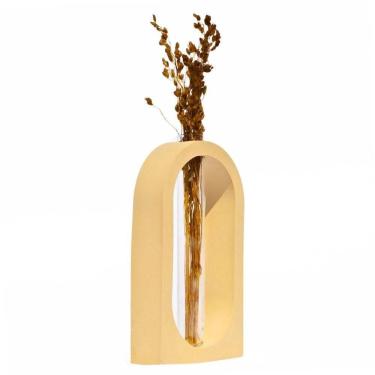 Imagem de Vaso Decorativo Solitário Janela 16,5cm Artesanal Em Cimento Amarelo