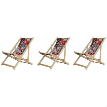 Imagem de Kit 3 Espreguiçadeiras Preguiçosa Dobrável sem Braço Natural em Madeira Maciça Tecido
