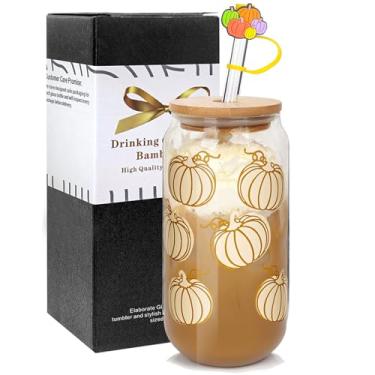 Imagem de ANOTION Xícaras de café de outono – Copos de vidro de outono de 510 g com tampas e canudos para decoração de outono Copos de café gelado em forma de lata de cerveja jarra de biscoito decorações de outono presente de vidro de casamento garrafas de água potável