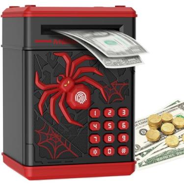 Imagem de Pupidiu Cofrinho com impressão digital de aranha, cofrinho multibanco para crianças, meninos, meninas, caixa de economia de dinheiro, cofre de dinheiro (preto)
