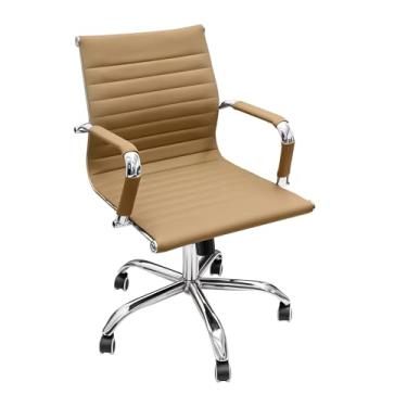 Imagem de Cadeira de escritório esteirinha baixa bege ergonômica de couro para computador ajuste de inclinação e altura ajustável do assento, com encosto baixo e assento giratório de 360° sala de jogos, casa