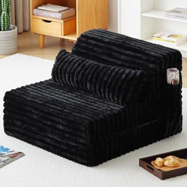 Imagem de Tiita Sofá-cama dobrável - Cadeira conversível de 4 dobras com capa de veludo cotelê e travesseiro retangular, colchão de sofá de chão para adultos, tamanho único, preto