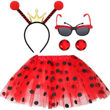 Imagem de eyigylyo Halloween Ladybug Tutu Costume,Bee Antenna Bug Headband and Glasses Earring Accessories for Halloween Birthday Christmas Party Favors