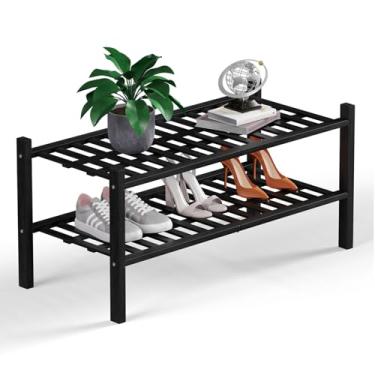 Imagem de Haddockway Organizador de armazenamento de sapatos de bambu de 2 níveis, prateleira empilhável multifuncional com painel de grade para armário, corredor, entrada, espaço pequeno 68 x 28 x 33 cm (preto