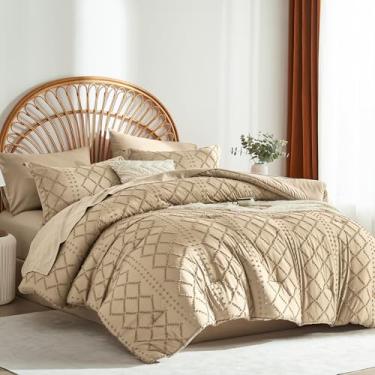 Imagem de ALAOOKKA Jogo de cama king size com tufos cáqui, cama em um saco, edredom e lençol boêmio chique, todas as estações (cáqui, 259 x 228 cm)