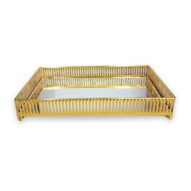 Imagem de Bandeja Decorativa Luxo Espelhada em Metal Retangular Estampa Grelha Banheiro Lavabo Multiuso Casa (Dourada)