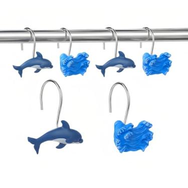 Imagem de 12 ganchos de cortina de chuveiro com tema oceânico, anéis de metal à prova de ferrugem para banheiro, conjunto de decoração de banheiro de golfinho fofo para quarto de bebê e sala de estar (oceano)