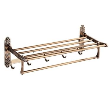 Imagem de Prateleiras de banheiro toalheiro com barra de toalha e 7 ganchos, prateleira de toalha dobrável de 49,8 cm com entalhado requintado, suporte de parede de armazenamento de toalhas para banheiro e