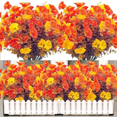 Imagem de NOV FIRE Flores artificiais de outono para atividades ao ar livre, 8 pacotes de flores falsas de outono resistentes a UV para ambientes internos e externos, jardim, decoração (outono laranja amarelo)