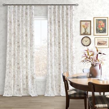 Imagem de Cortinas de linho floral marrom plissadas para sala de estar, 300 cm de comprimento, estampa de flor de peônia, vintage, boho, casa de fazenda, campo com filtro de luz, aba traseira, plissada