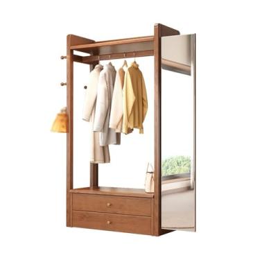 Imagem de Cabide para cabide de madeira maciça, combinação de espelho, chão, quarto, sala de estar, espelho de corpo inteiro, cabideiro, suporte de armazenamento (pequeno)