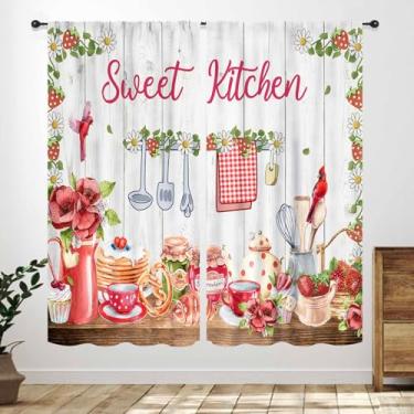 Imagem de Cortinas rústicas de cozinha de fazenda, aquarela, morango, floral, frutas, sobremesa, madeira, tábua vermelha, aquarela, bolso para varão, campo, quarto, sala de estar, tratamento, 132 x 213 cm