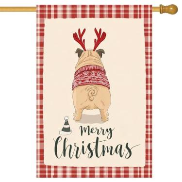 Imagem de BlissYard Merry Christmas Garden Flag Pug Rena Chifres Bandeira 71 x 101 cm Dupla Face Bem-vindo Grande Quintal para Amantes de Cães Varanda Casa Ao Ar Livre Férias de Inverno Estilo Simples Decoração