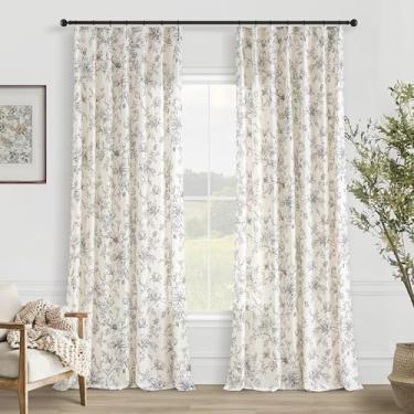 Imagem de Cortinas pretas de linho floral de 272 cm de comprimento plissadas para filtragem de luz de sala de estar, estampa de esboço preto em branco creme, cortina com memória, treinada, fazenda, vintage