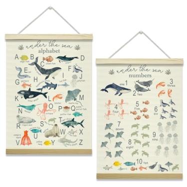 Imagem de mermermu Conjunto de 2 molduras para pôster com números do alfabeto animal oceano, ABC Learning Kids Educational Posters Canvas Wall Art para berçário, sala de jogos, decoração de quarto infantil