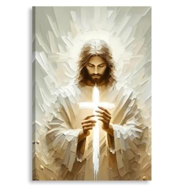 Imagem de Arte de parede em tela de Jesus com cruz segurando, pôster de pintura listrada de pintura cruzada, decoração de parede cristã, imagem de Jesus para parede, sala de estar, igreja, quarto, decoração de