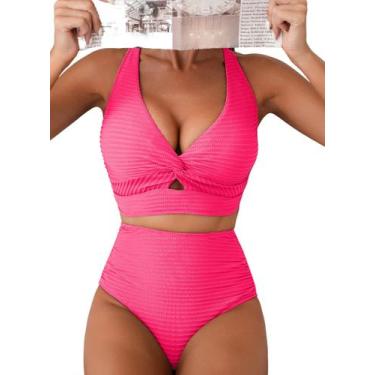 Imagem de Conjunto de biquíni Herseas, maiô feminino Twist Front, rosa choque, p